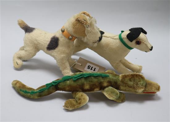 A Steiff dog and 2 other soft toys